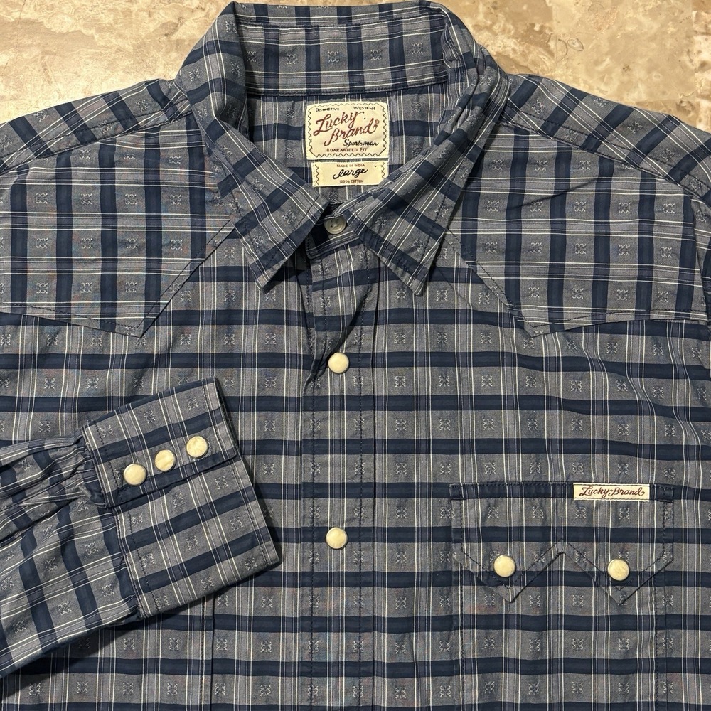 Lucky Brand Pearl Snap Shirt Mens Large Blue Aztec Sawtooth Pocket Western